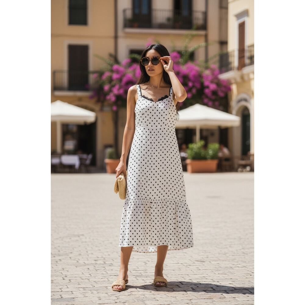 SundayUp Polka Dot Midi Dress Large Cream Black Sleeveless Ruffle Hem